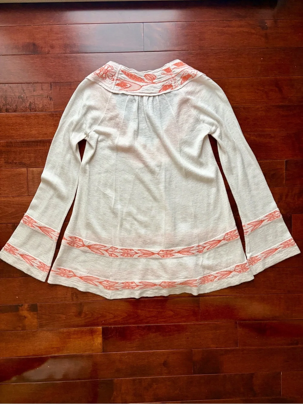 Free People Women’s White Knit Tunic Sweater with Coral Embroidered Detail